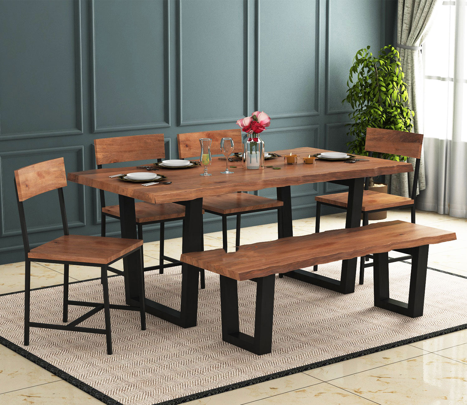 Live Edge 6 Seater Dining Set with Bench