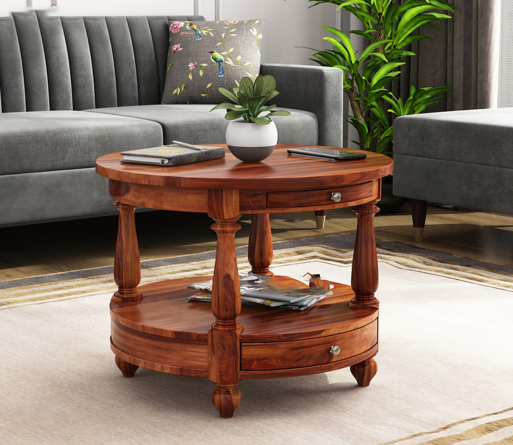 Caroline Sheesham Wood Round Coffee Table with Drawers
