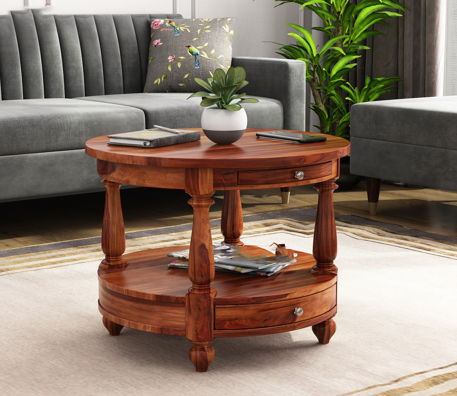 Caroline Sheesham Wood Round Coffee Table with Drawers