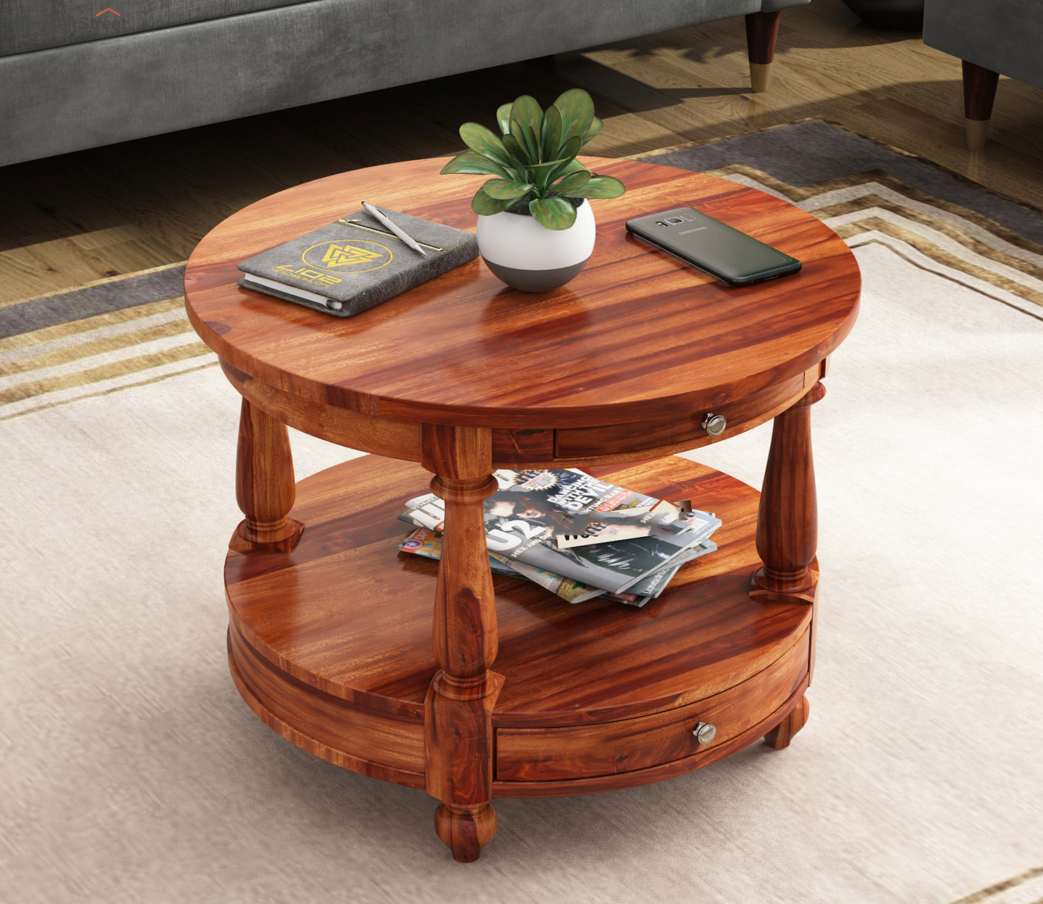 Caroline Sheesham Wood Round Coffee Table with Drawers