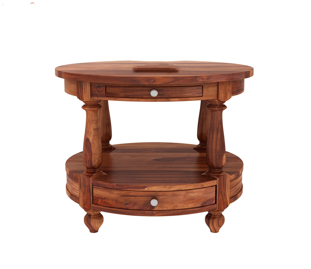 Caroline Sheesham Wood Round Coffee Table with Drawers