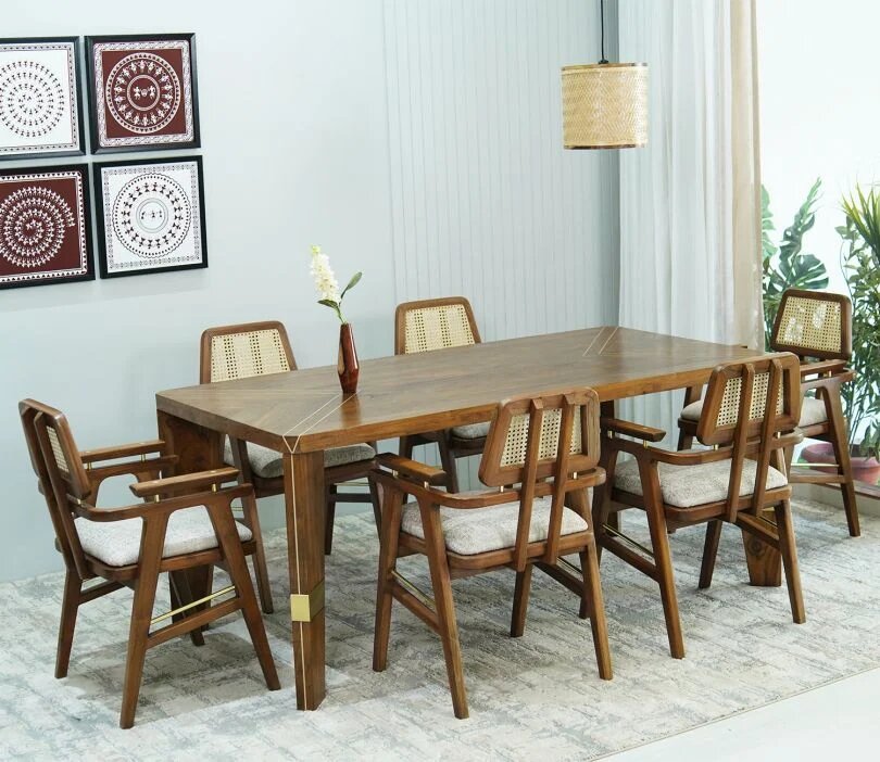 Bee Teak Wood 6 Seater Dining Table Set