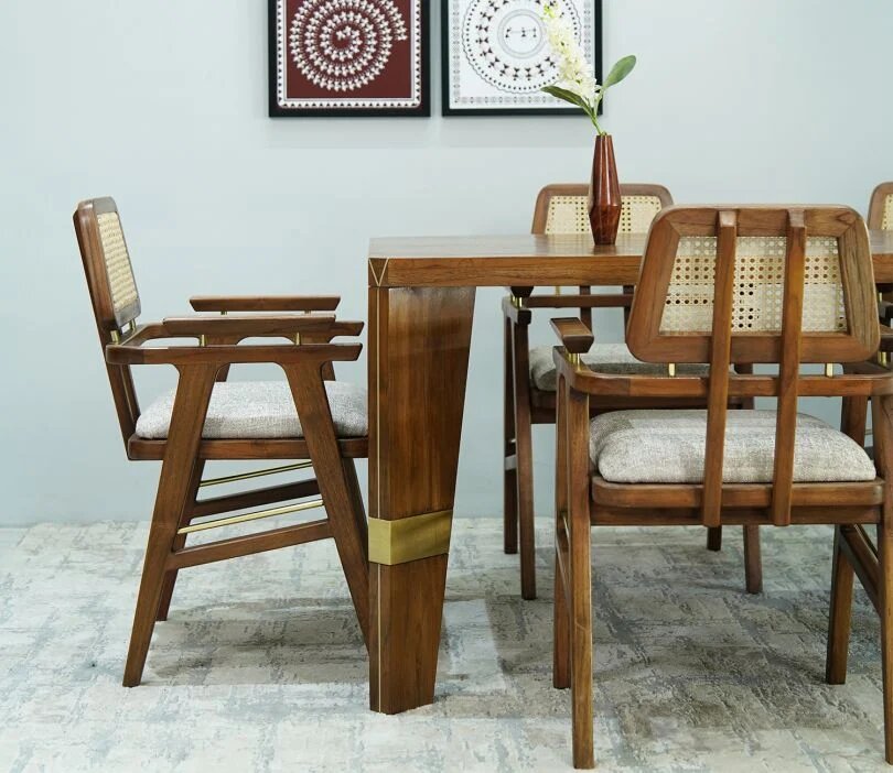 Bee Teak Wood 6 Seater Dining Table Set