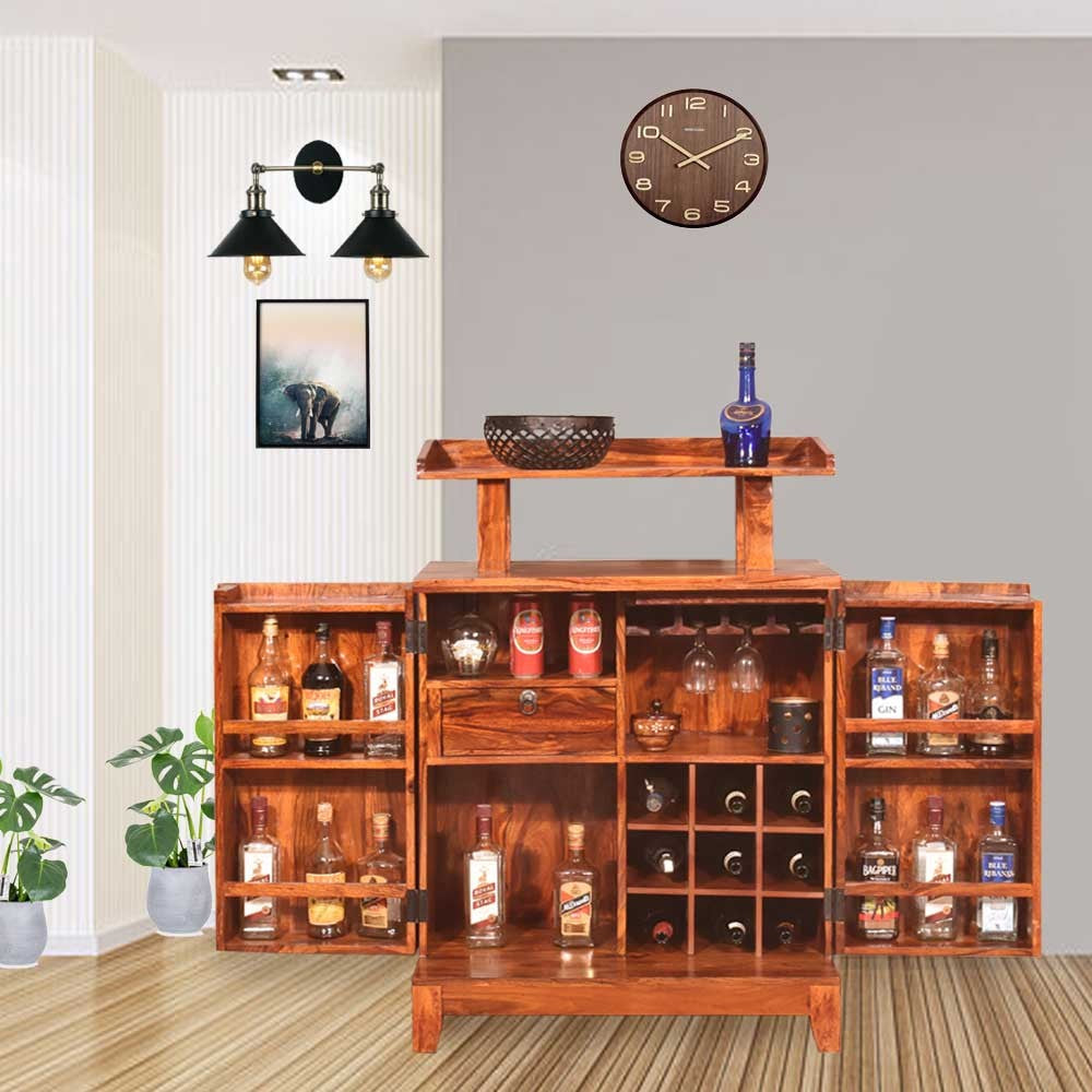 Kaitlyn Sheesham Wooden Tray Design Bar Cabinet