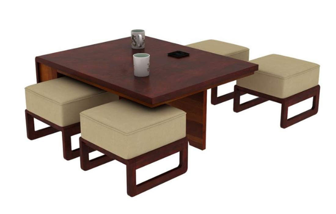 Valentina Wooden Center Table for Living Room | Coffee Table with 4 Stools | Center Table