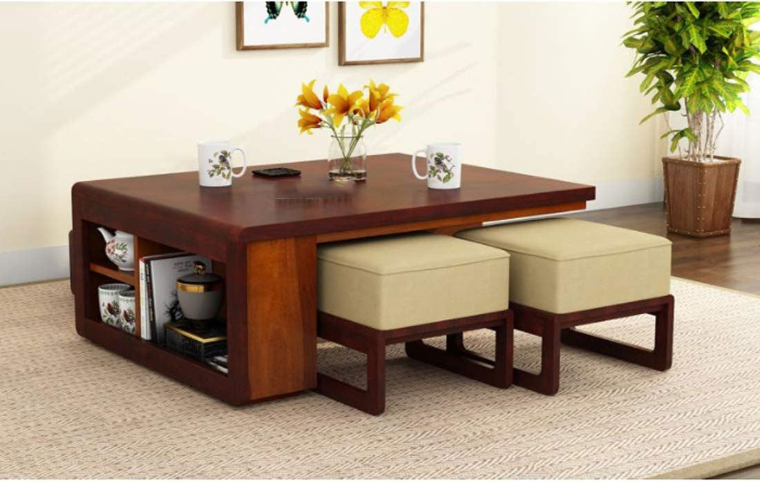 Valentina Wooden Center Table for Living Room | Coffee Table with 4 Stools | Center Table