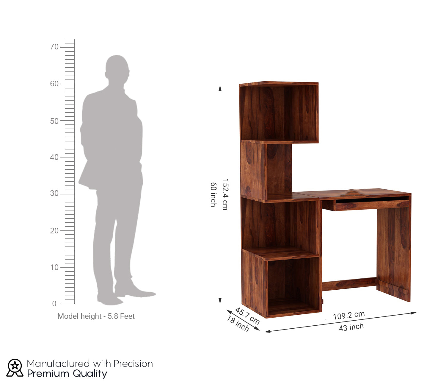 Hannah Sheesham Wood Study Table with Keyboard Tray & Bookshelf
