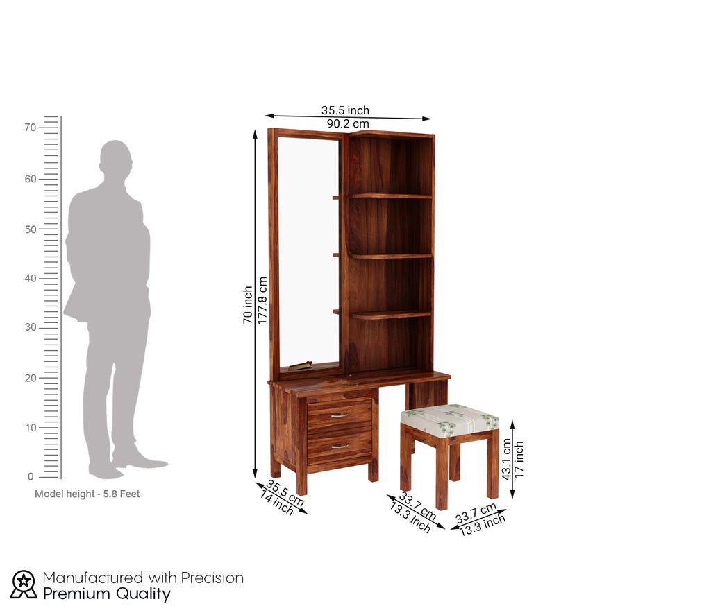 Kameron Sheesham Wood Dressing Table with Storage Drawers and Stool