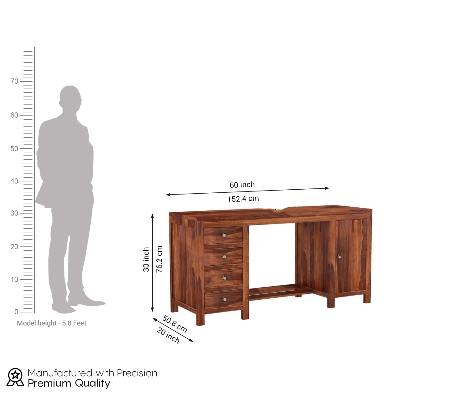 Ivy Sheesham Wood Study Table with Four Drawers & Cabinet
