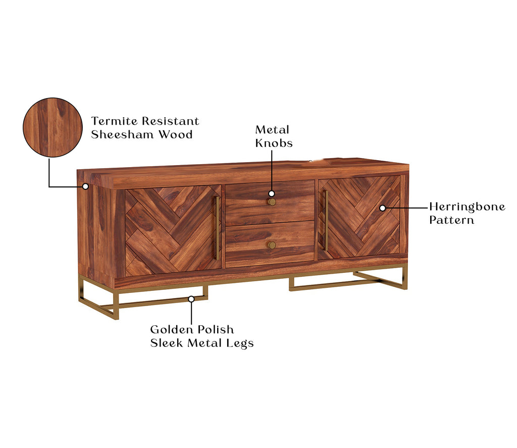 Dalton Metal Base Sheesham Wood Tv Unit with Drawers and Cabinets