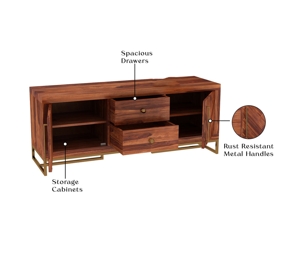Dalton Metal Base Sheesham Wood Tv Unit with Drawers and Cabinets
