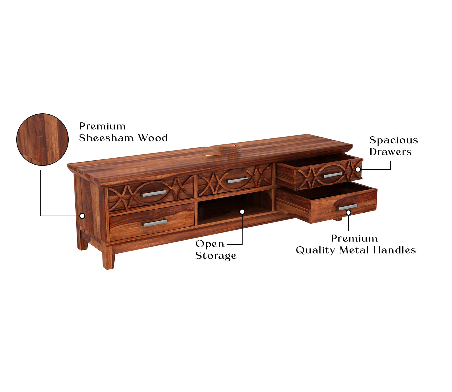 Valentino Sheesham Wood Tv Unit with Five Pull Out Drawers