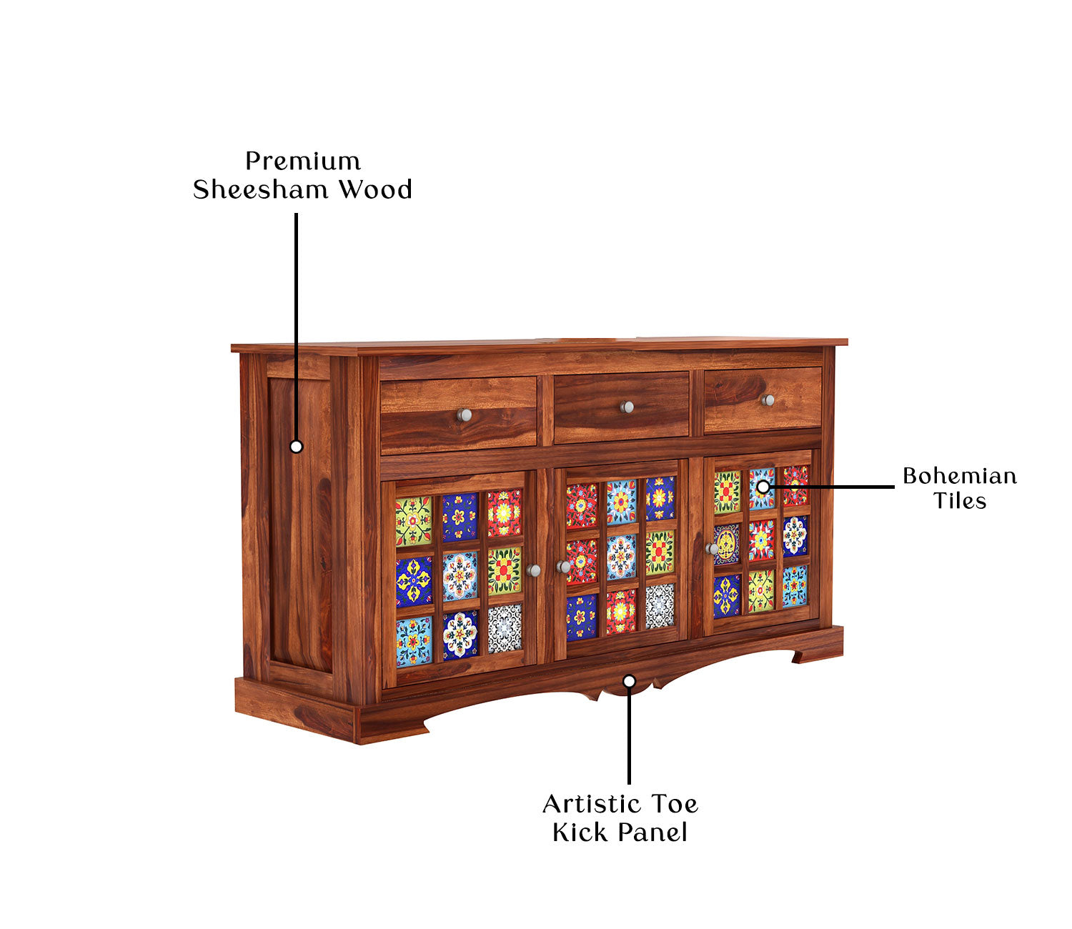 Phoenix Sheesham Wood Storage Cabinet Sideboard With Three Drawers