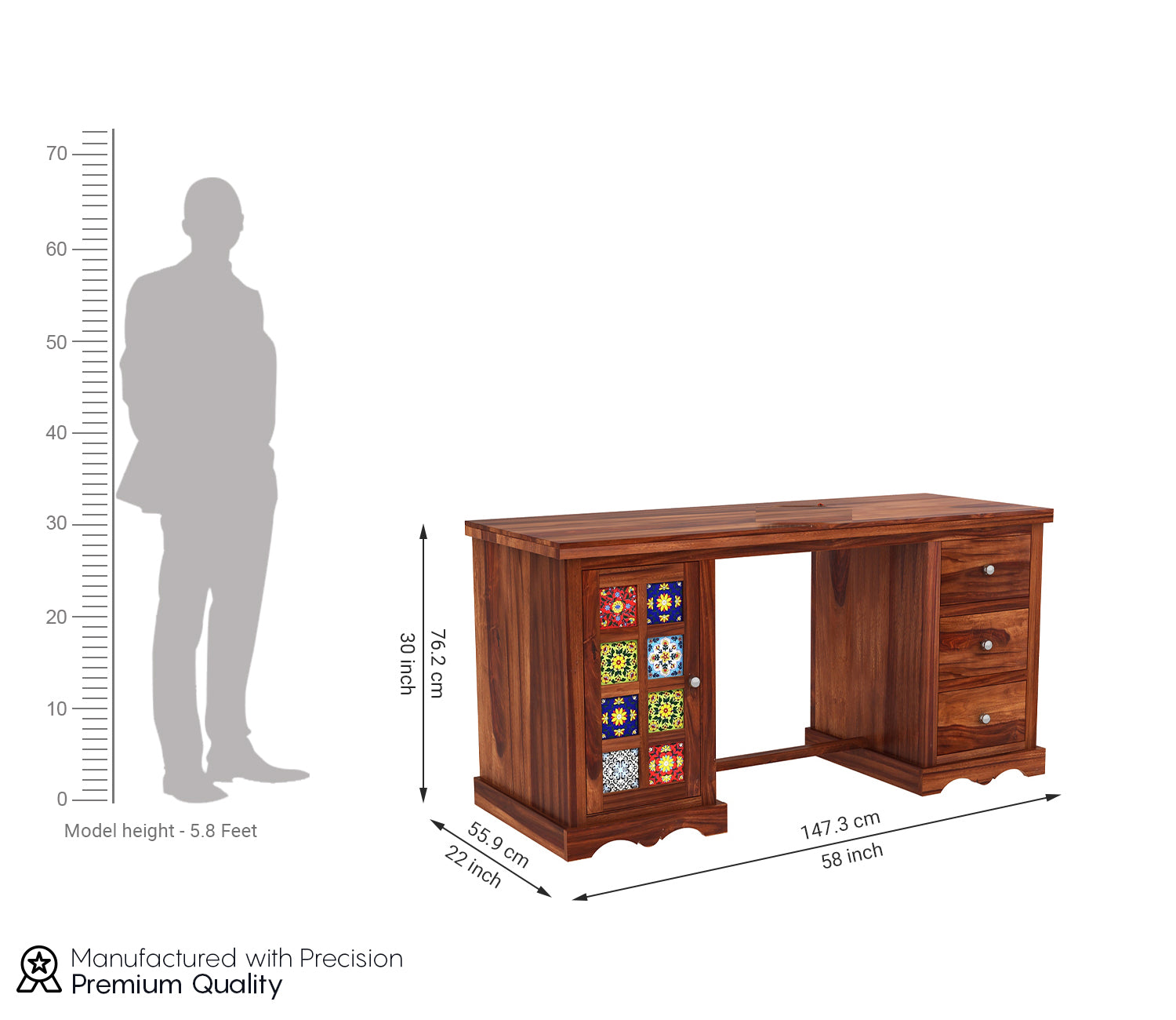 Scarlett Sheesham Wood Study Table with Three Drawers and Cabinet