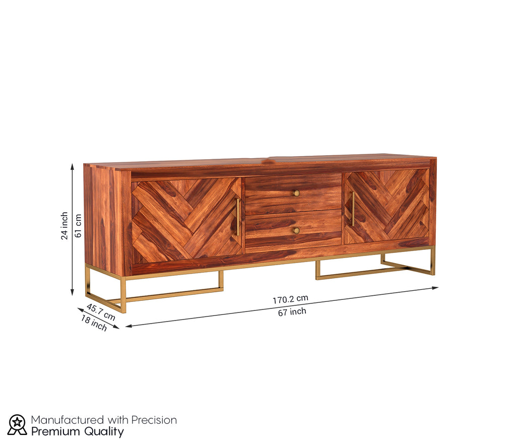 Dalton Metal Base Sheesham Wood Tv Unit with Drawers and Cabinets