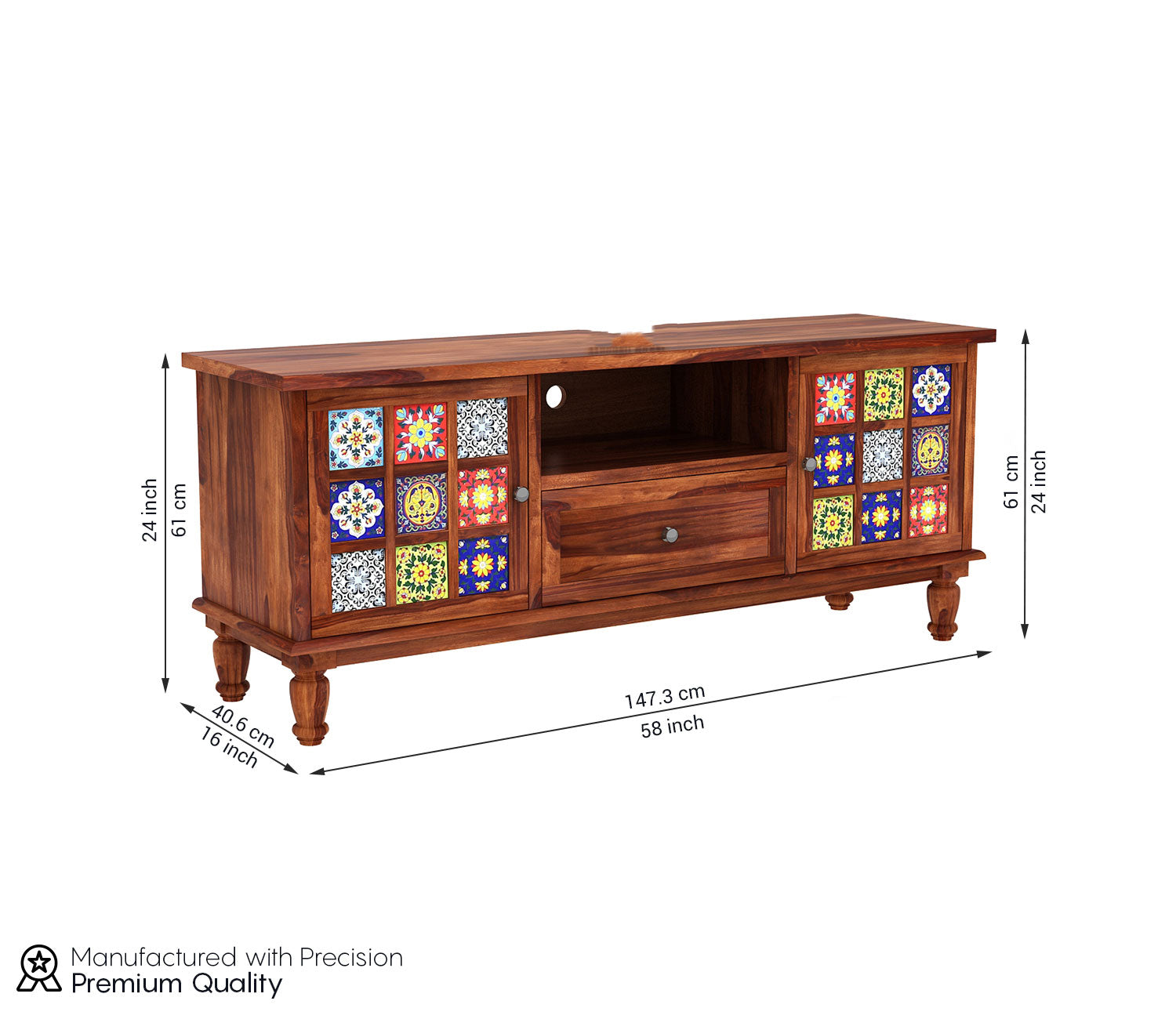 Cohen Sheesham Wood Tv Cabinet with Ceramic Tiles & Storage