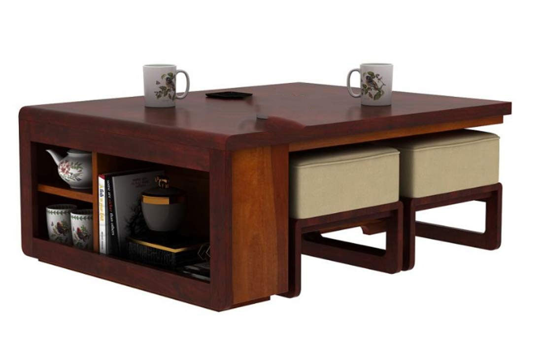 Valentina Wooden Center Table for Living Room | Coffee Table with 4 Stools | Center Table