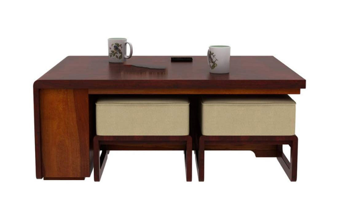 Valentina Wooden Center Table for Living Room | Coffee Table with 4 Stools | Center Table